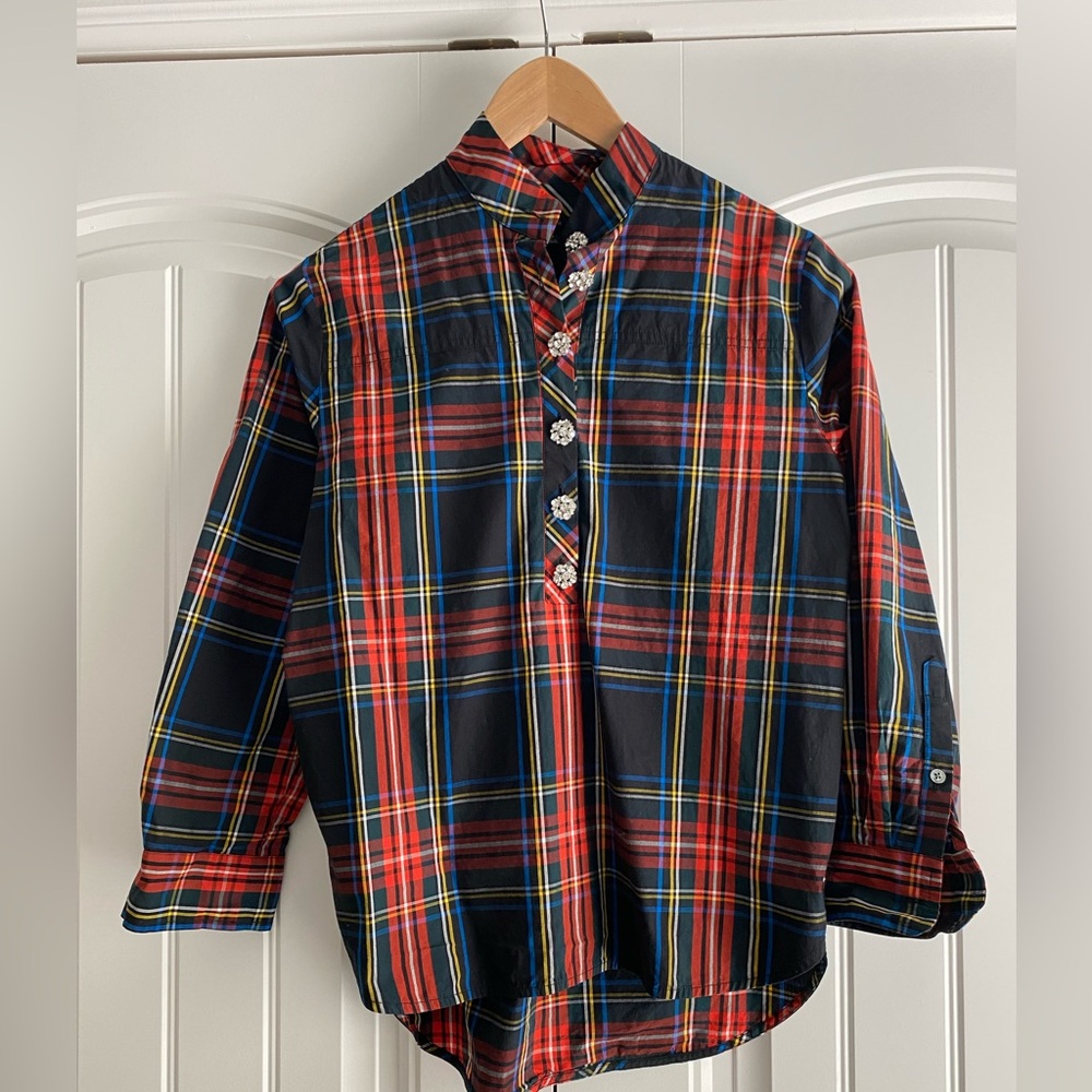 J Crew Women's Red Black Tartan Plaid Blouse Top‎ Long Sleeve Ruffles Size 00